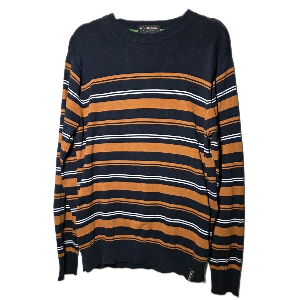 Scotch and Soda Sweater Mens Large Navy Blue White Orange Striped Knit Crewneck